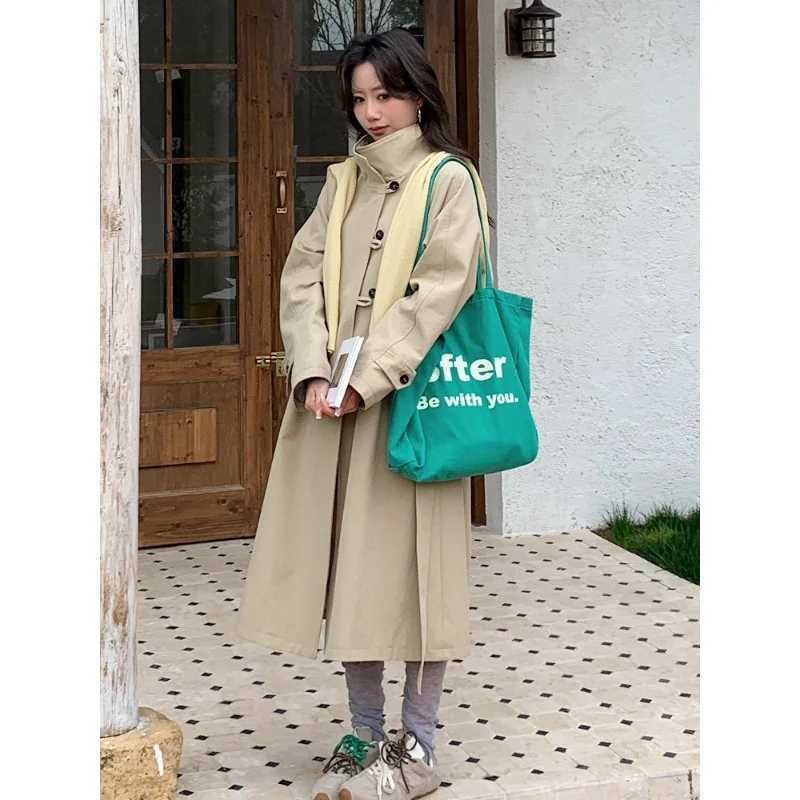 Damen Langer Trenchcoat mit hohem Stehkragen und Raglanärmeln Drune