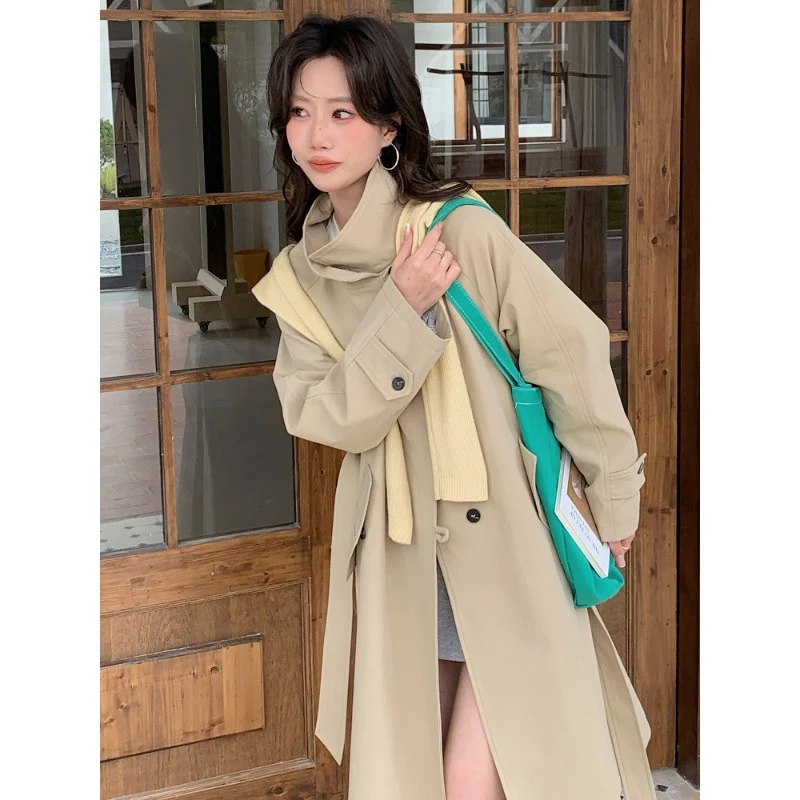 Damen Langer Trenchcoat mit hohem Stehkragen und Raglanärmeln Drune