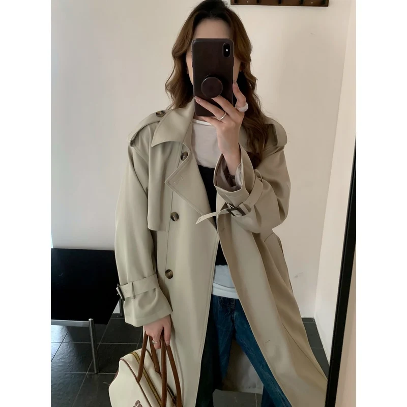 Damen Langer Trenchcoat mit Hochkragen, doppelter Sturmklappe und verstellbaren Manschetten Drune