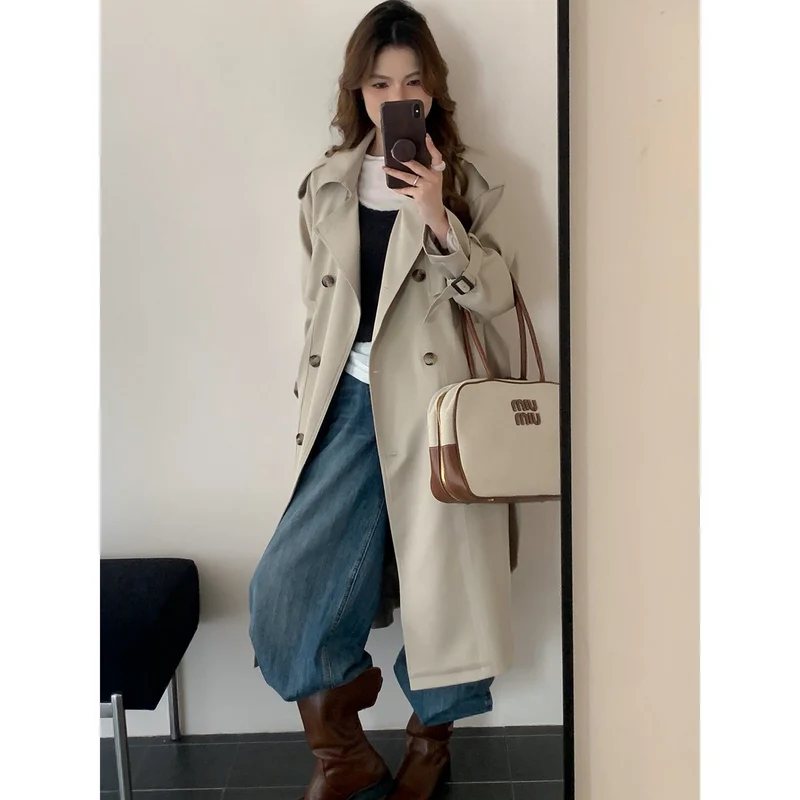Damen Langer Trenchcoat mit Hochkragen, doppelter Sturmklappe und verstellbaren Manschetten Drune