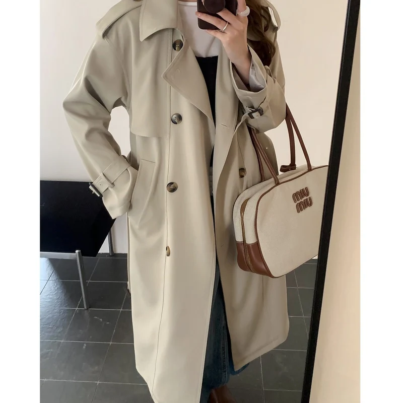Damen Langer Trenchcoat mit Hochkragen, doppelter Sturmklappe und verstellbaren Manschetten Drune
