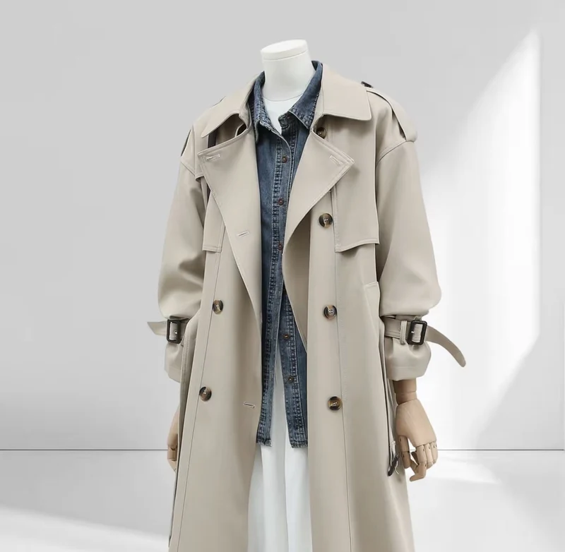 Damen Langer Trenchcoat mit Hochkragen, doppelter Sturmklappe und verstellbaren Manschetten Drune