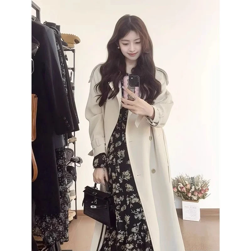 Damen Langer Oversize-Trenchcoat mit Ballonärmeln und Bindegürtel Drune
