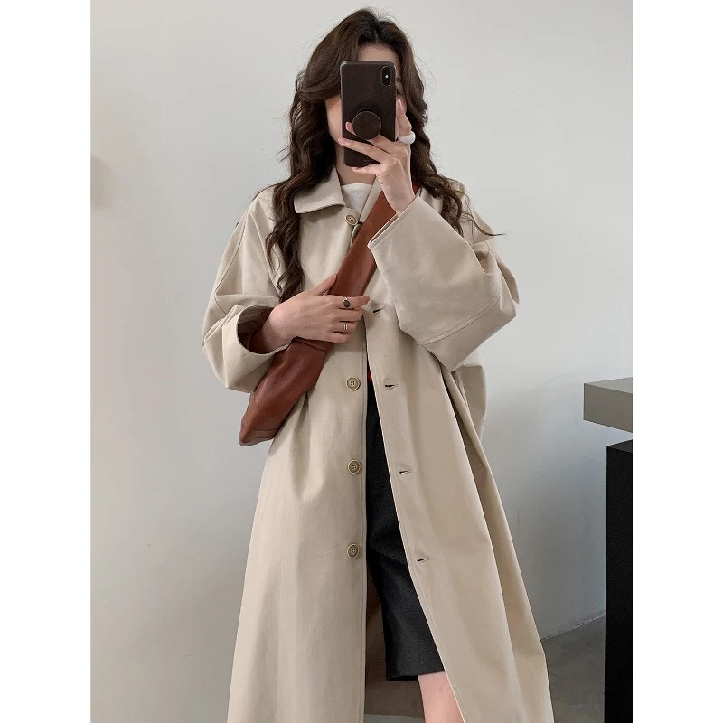 Damen Langer Oversize-Mantel im Trenchstil mit weitem Schnitt und klassischem Revers Drune
