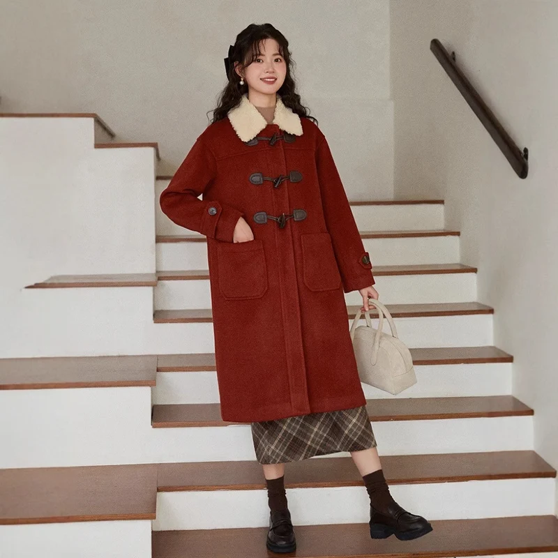 Damen Langer Duffle‑Mantel mit Teddykragen, Knebelverschlüssen und aufgesetzten Taschen Drune