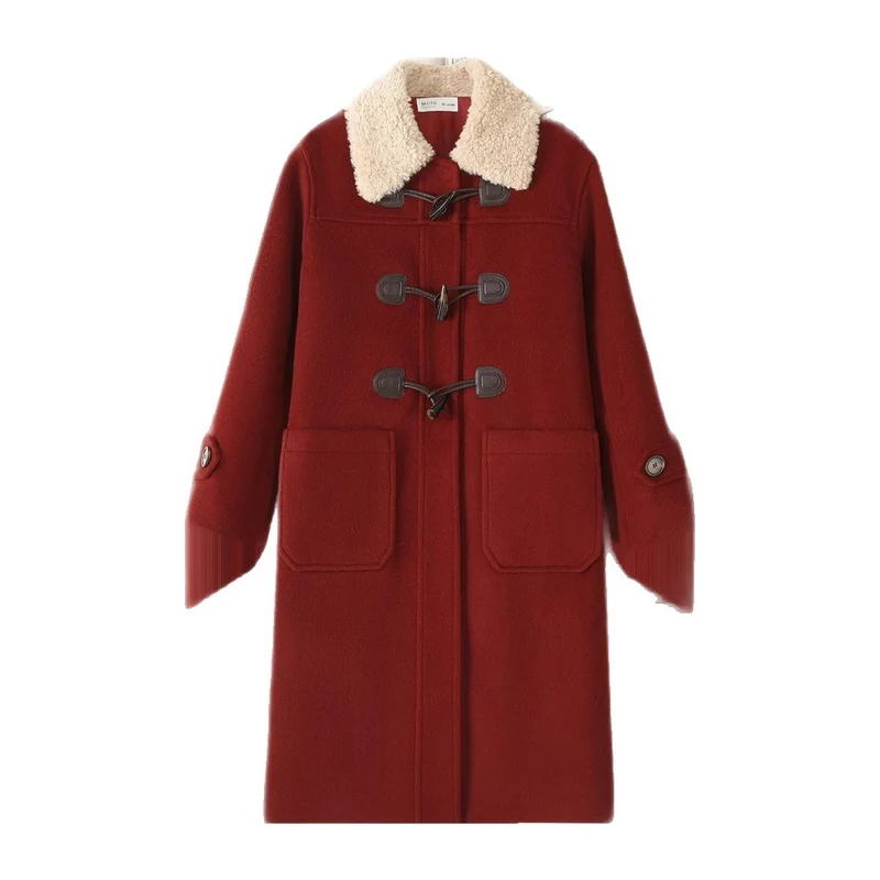 Damen Langer Duffle‑Mantel mit Teddykragen, Knebelverschlüssen und aufgesetzten Taschen Drune