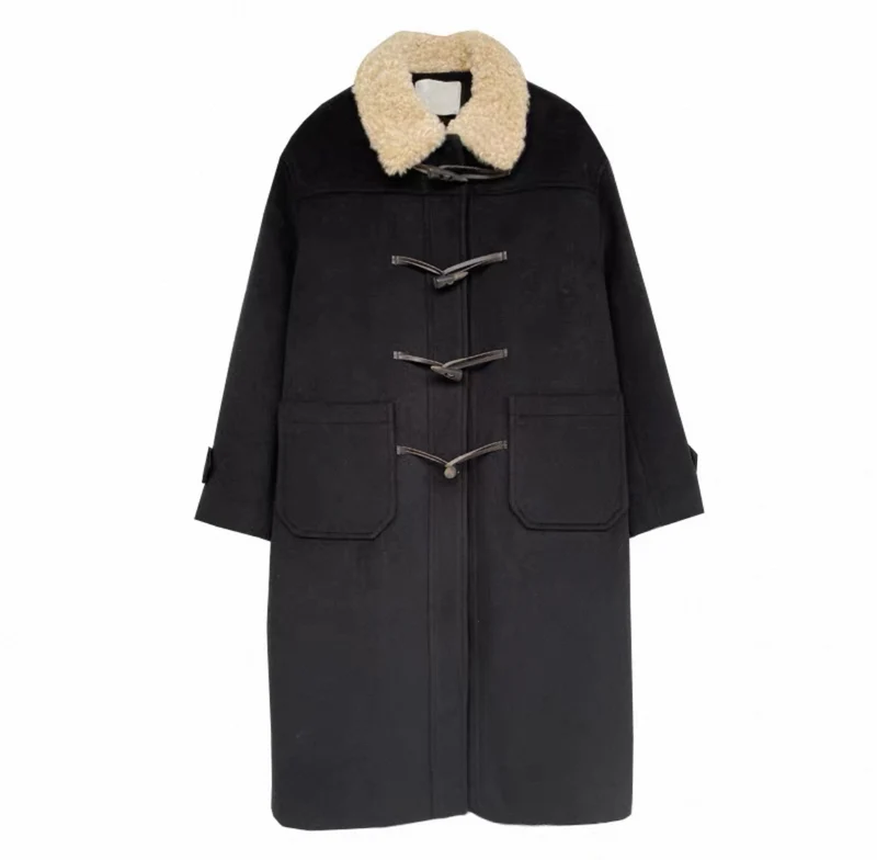 Damen Langer Duffle‑Mantel mit Teddykragen, Knebelverschlüssen und aufgesetzten Taschen Drune