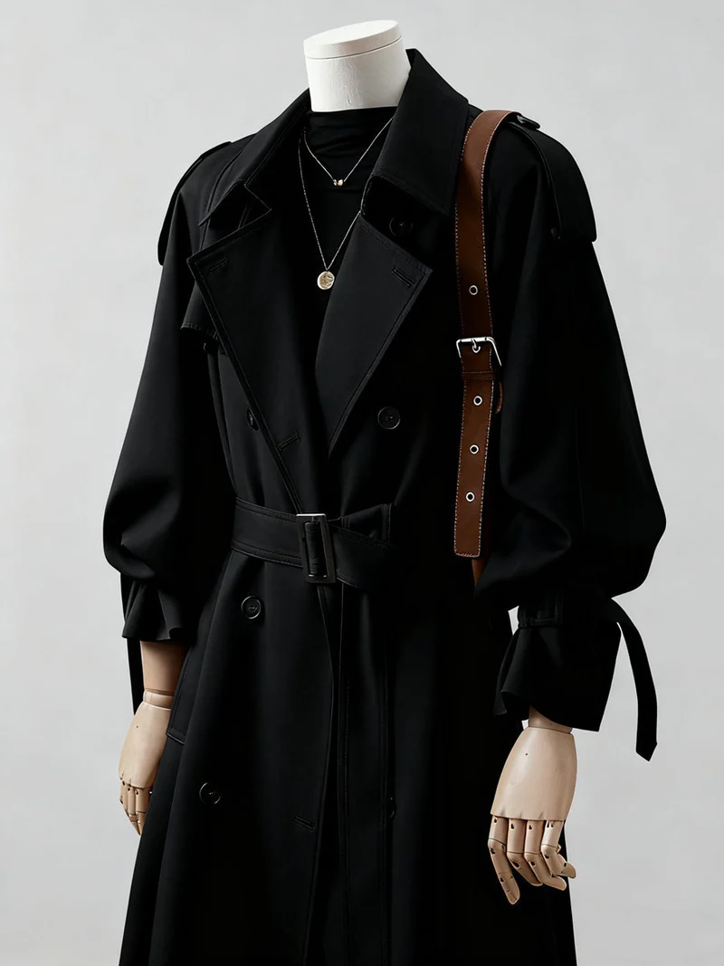 Damen langer doppelreihiger Trenchcoat mit Schulterklappen und Taillengürtel Drune