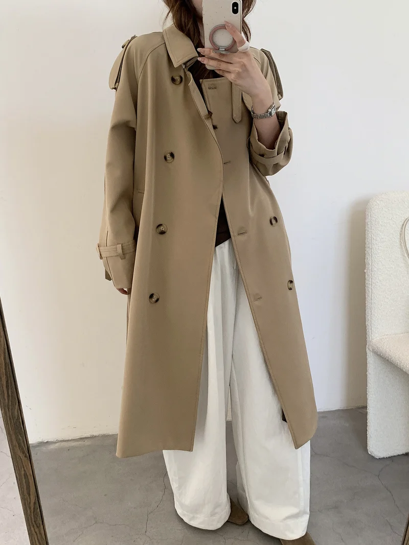 Damen langer doppelreihiger Trenchcoat mit Schulterklappen und Taillengürtel Drune