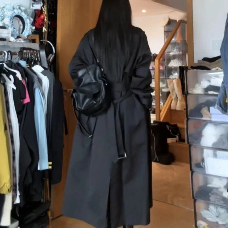 Damen Langer Doppelreihiger Trenchcoat mit Schalkragen, Oversize-Schnitt und verdecktem Taillenband Drune