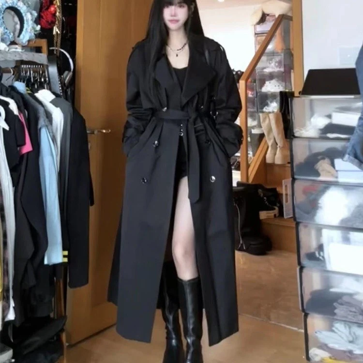 Damen Langer Doppelreihiger Trenchcoat mit Schalkragen, Oversize-Schnitt und verdecktem Taillenband Drune