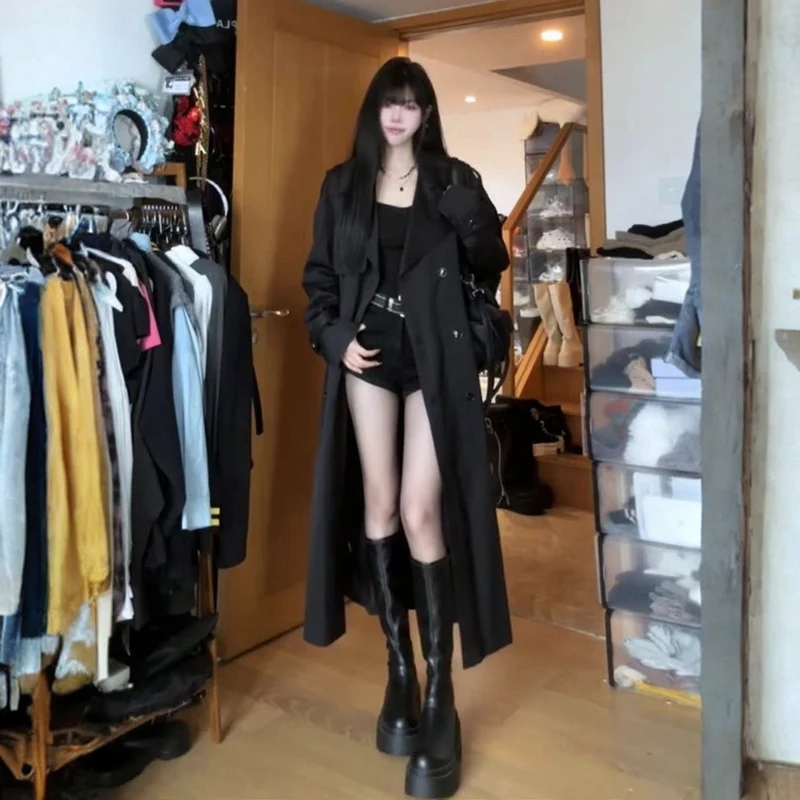 Damen Langer Doppelreihiger Trenchcoat mit Schalkragen, Oversize-Schnitt und verdecktem Taillenband Drune