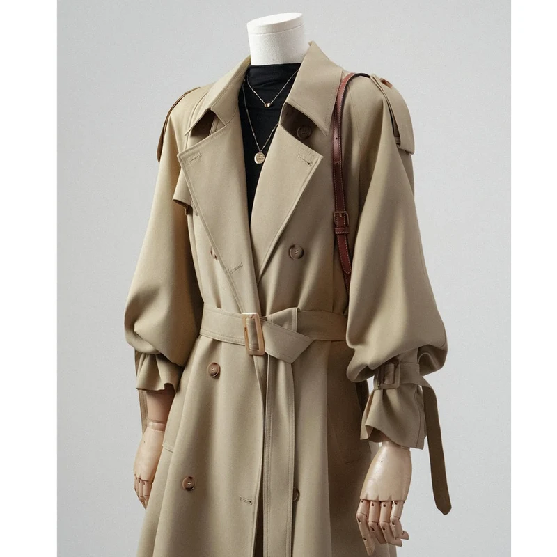 Damen Langer Doppelreihiger Trenchcoat mit Schalkragen, Oversize-Schnitt und verdecktem Taillenband Drune