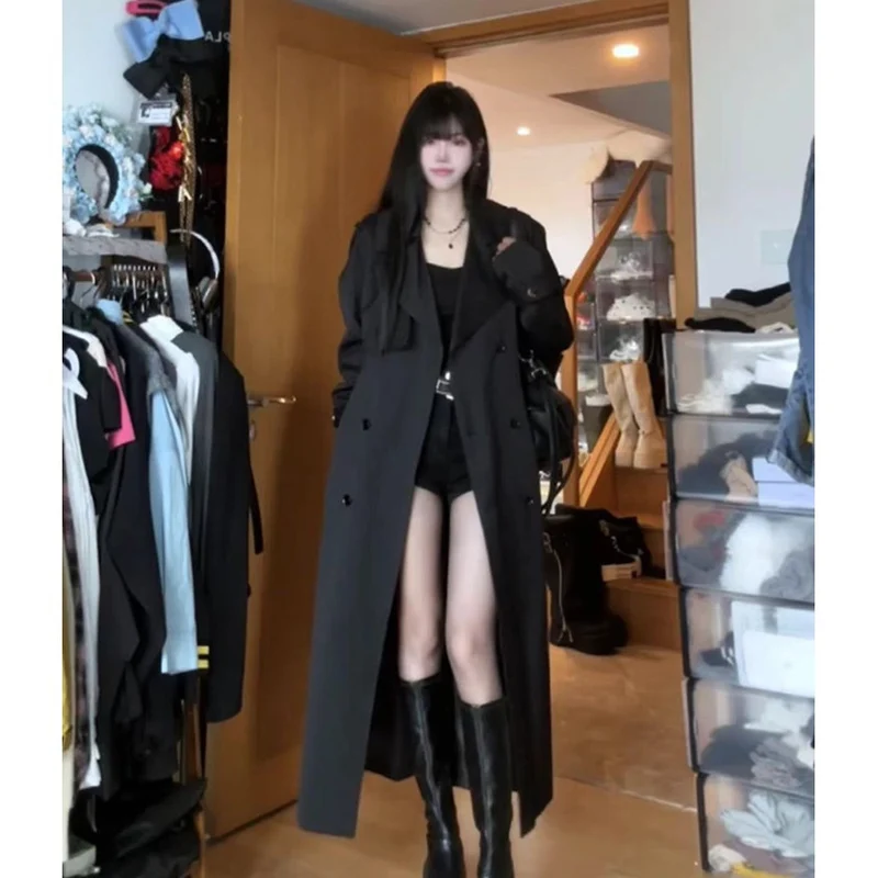 Damen Langer Doppelreihiger Trenchcoat mit Schalkragen, Oversize-Schnitt und verdecktem Taillenband Drune