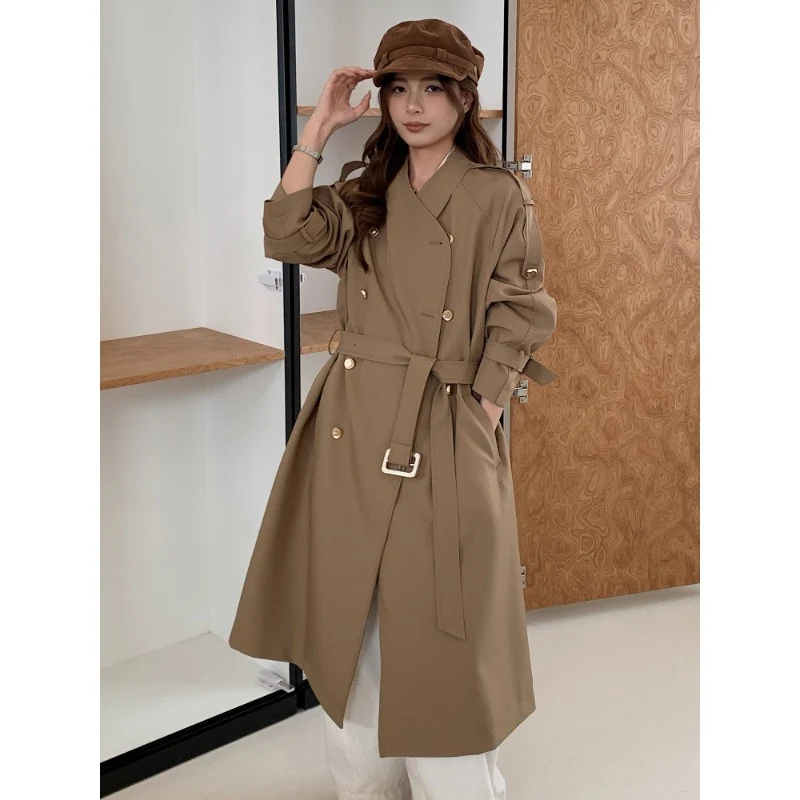 Damen Lang geschnittener Trenchcoat mit doppelreihiger Knopfleiste und verstellbaren Ärmelriegeln Drune
