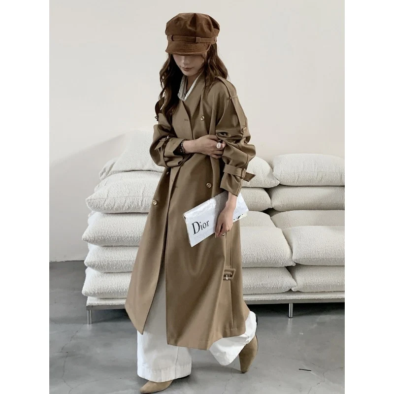 Damen Lang geschnittener Trenchcoat mit doppelreihiger Knopfleiste und verstellbaren Ärmelriegeln Drune