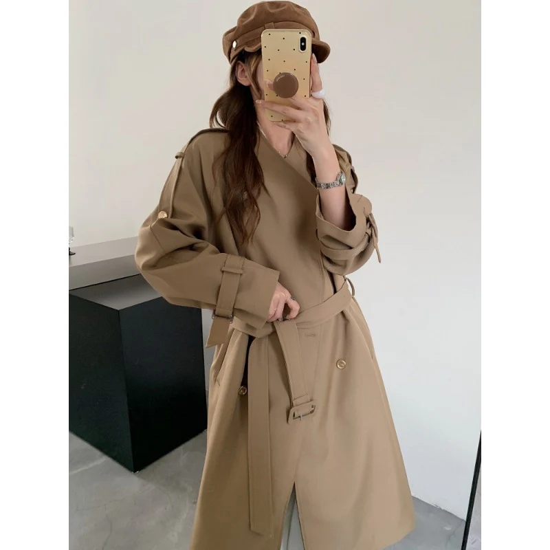 Damen Lang geschnittener Trenchcoat mit doppelreihiger Knopfleiste und verstellbaren Ärmelriegeln Drune