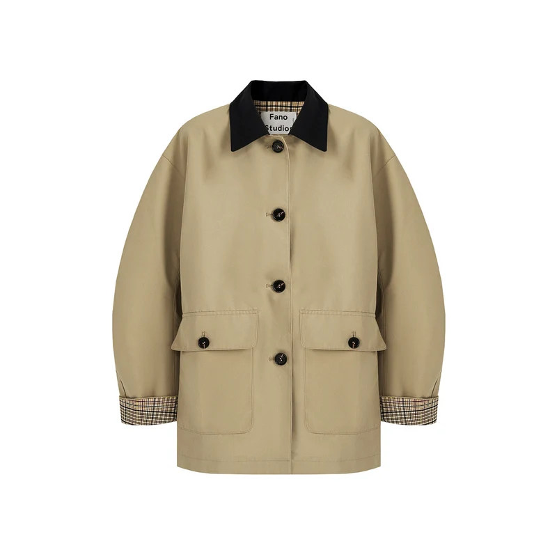 Damen Kurztrenchjacke mit Karofutter und Kontrastkragen Drune