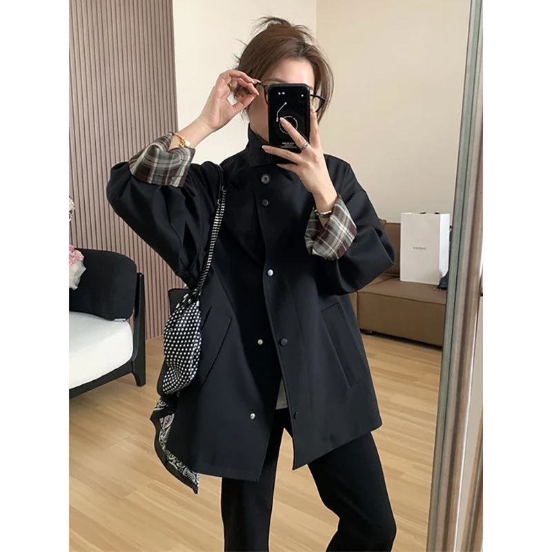 Damen Kurztrenchjacke im Oversize‑Boxy‑Schnitt mit Stehkragen und kariertem Ärmelaufschlag Drune
