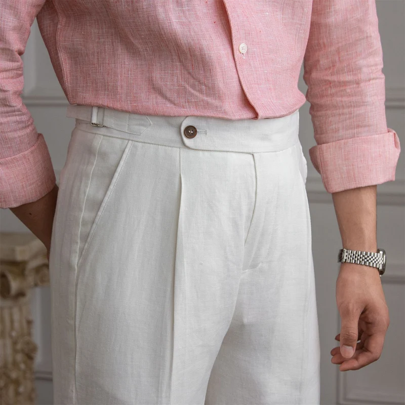 Herren Leinenhose mit hoher Taille, Bundfalten und verstellbarem Seitenriegel Drune