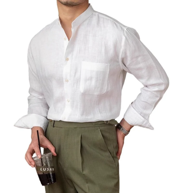 Herren Leinenhemd mit Stehkragen und Brusttasche Drune