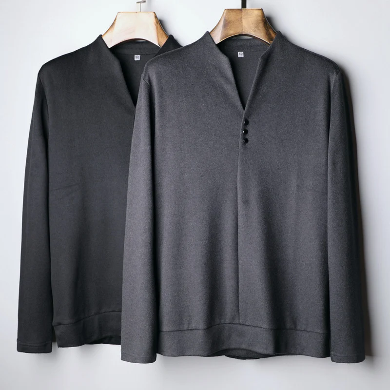 Herren Leichtes Feinstrick-Longsleeve mit verdeckter Knopfleiste und Stehkragen Drune
