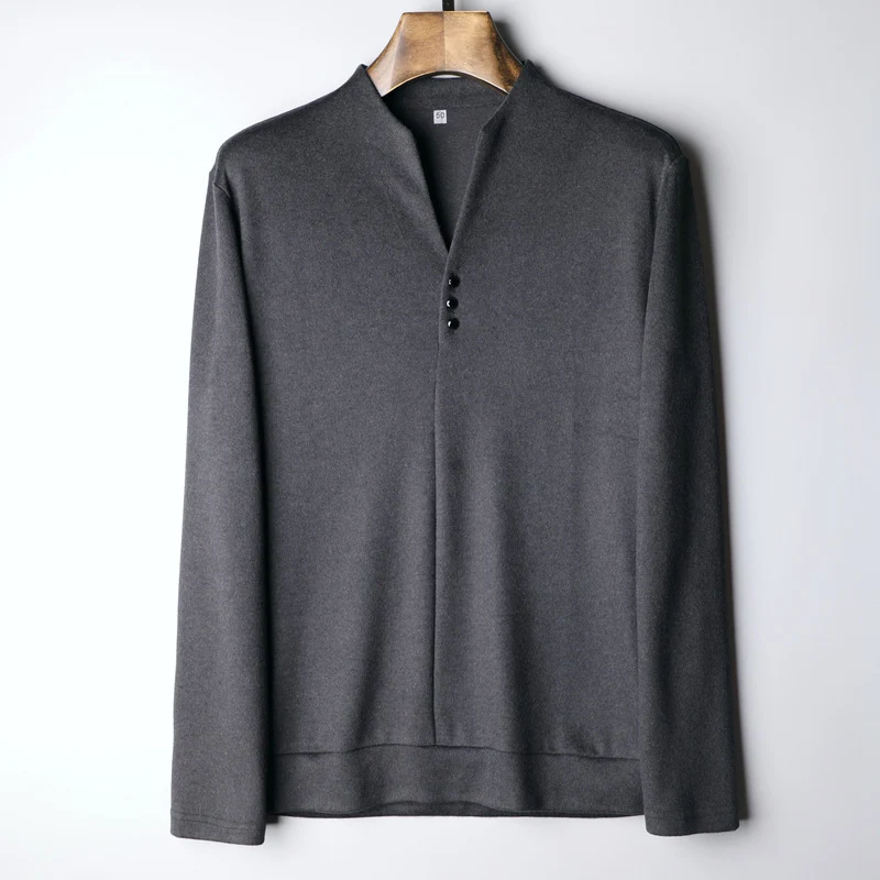 Herren Leichtes Feinstrick-Longsleeve mit verdeckter Knopfleiste und Stehkragen Drune