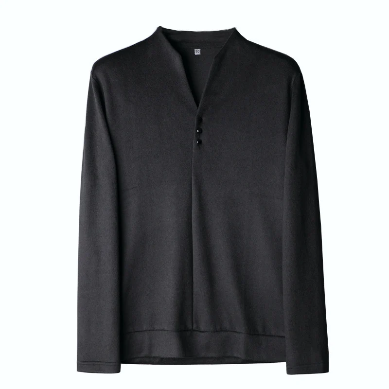 Herren Leichtes Feinstrick-Longsleeve mit verdeckter Knopfleiste und Stehkragen Drune