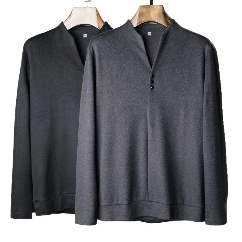 Herren Leichtes Feinstrick-Longsleeve mit verdeckter Knopfleiste und Stehkragen Drune