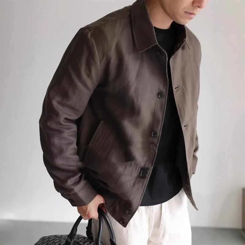 Herren Leichte Leinenjacke mit Hemdkragen und durchgehender Knopfleiste Drune
