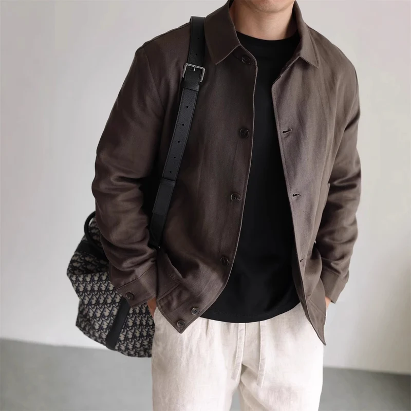 Herren Leichte Leinenjacke mit Hemdkragen und durchgehender Knopfleiste Drune