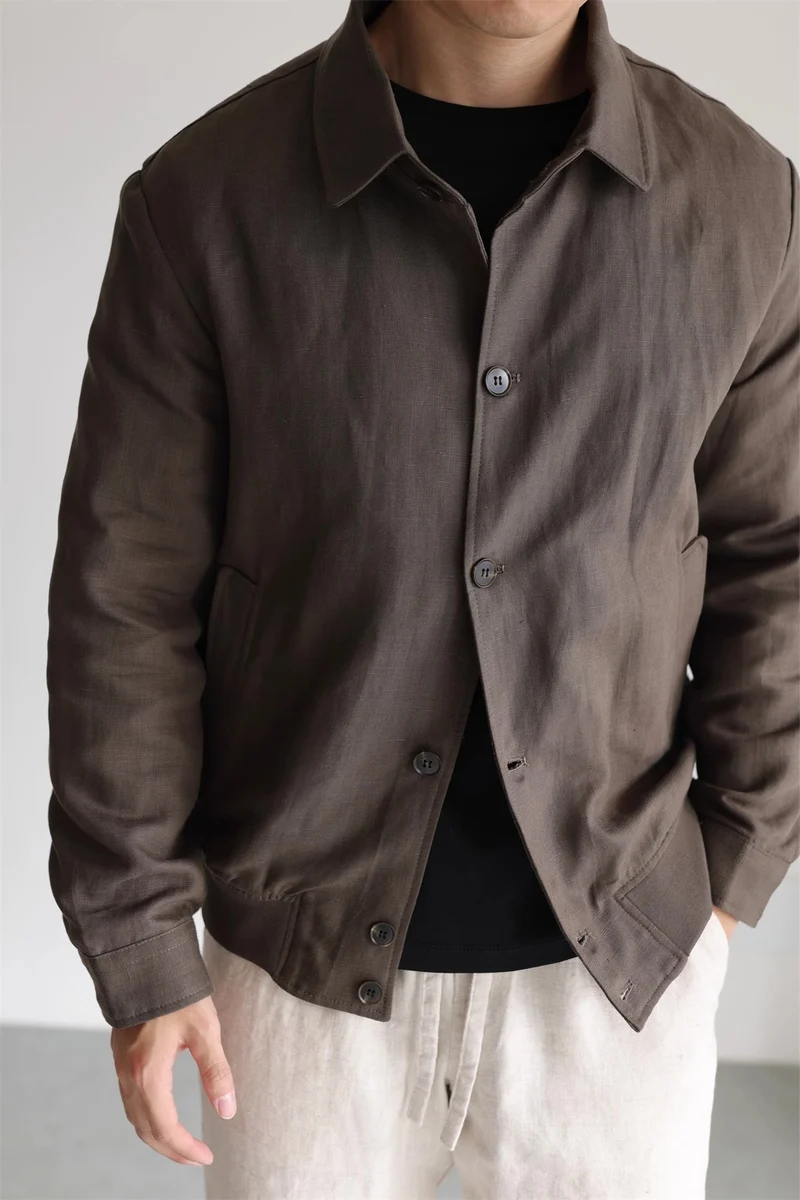 Herren Leichte Leinenjacke mit Hemdkragen und durchgehender Knopfleiste Drune