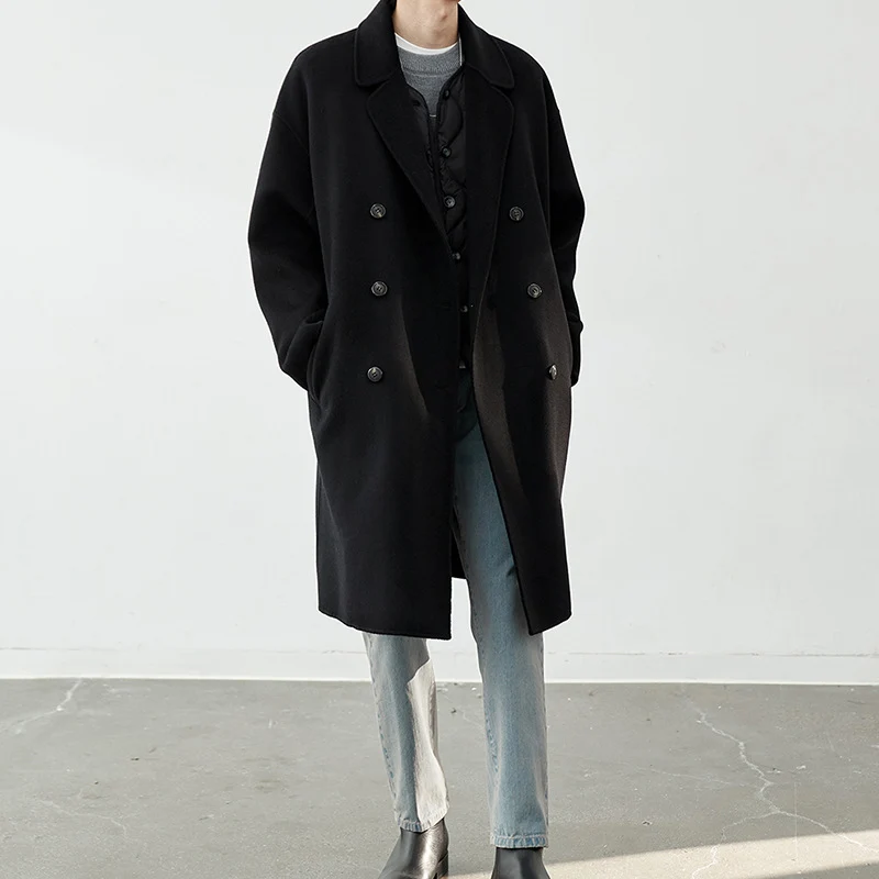 Herren Lang geschnittener Doppelreiher-Wollmixmantel mit Oversize-Passform Drune