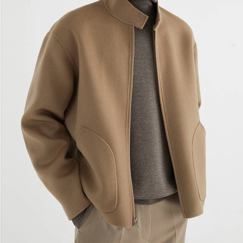Herren Kurzgeschnittene Wollfleece-Übergangsjacke mit Stehkragen und geschwungenen Eingrifftaschen Drune