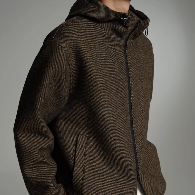 Herren Kurze Wollmisch-Kapuzenjacke mit Reißverschluss und elastischem Saum Drune