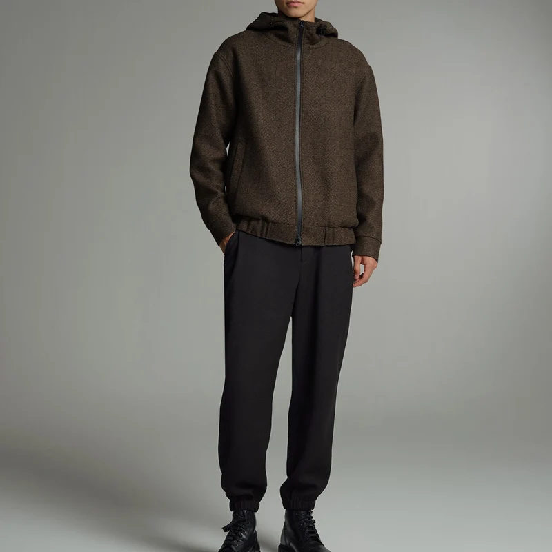 Herren Kurze Wollmisch-Kapuzenjacke mit Reißverschluss und elastischem Saum Drune