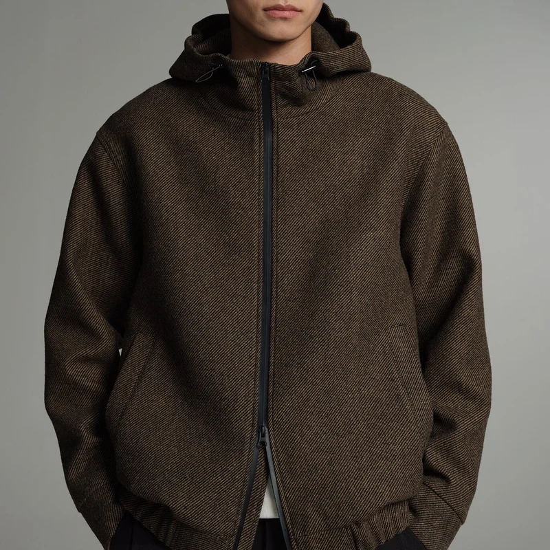 Herren Kurze Wollmisch-Kapuzenjacke mit Reißverschluss und elastischem Saum Drune