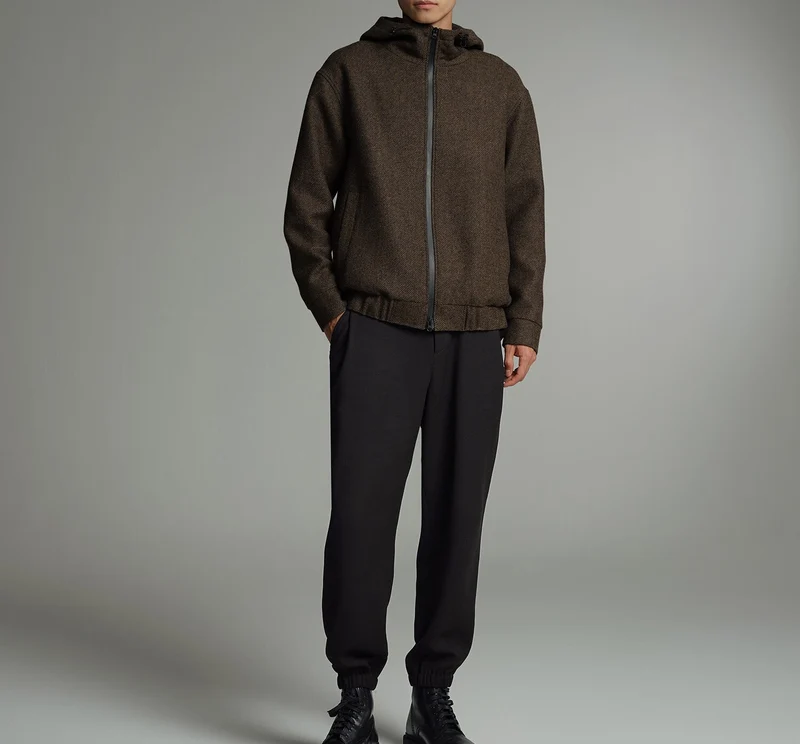 Herren Kurze Wollmisch-Kapuzenjacke mit Reißverschluss und elastischem Saum Drune