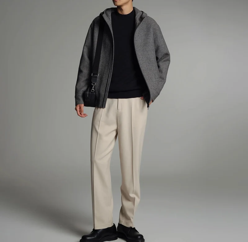 Herren Kurze Wollmisch-Kapuzenjacke mit Reißverschluss und elastischem Saum Drune