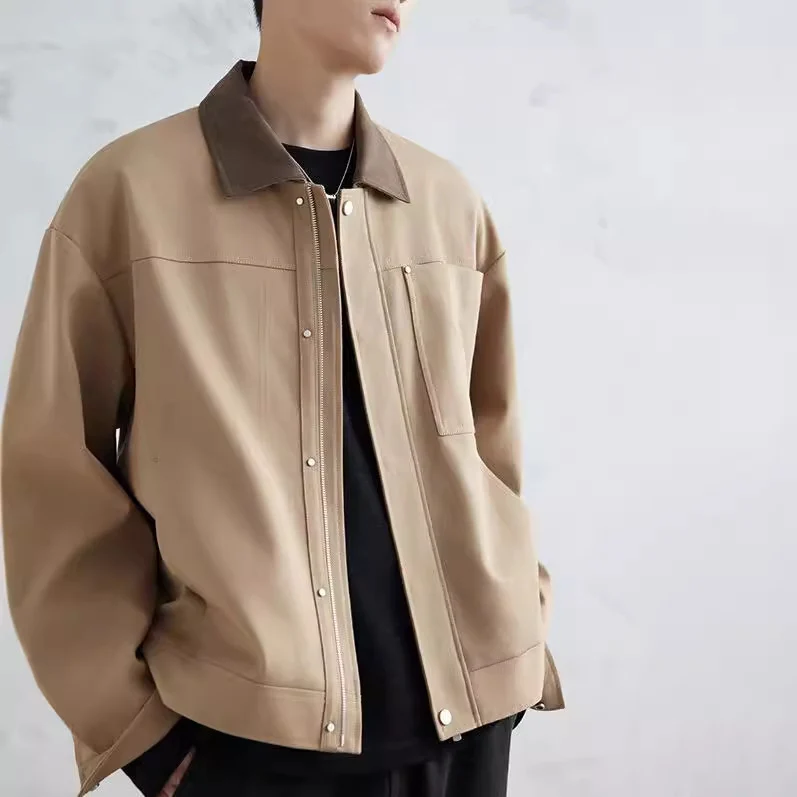 Herren Boxy-Zipjacke aus strukturiertem Baumwollmix mit Lederkragen und verdeckter Druckknopfblende Drune