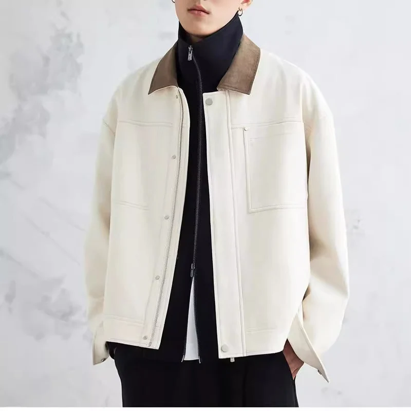 Herren Boxy-Zipjacke aus strukturiertem Baumwollmix mit Lederkragen und verdeckter Druckknopfblende Drune
