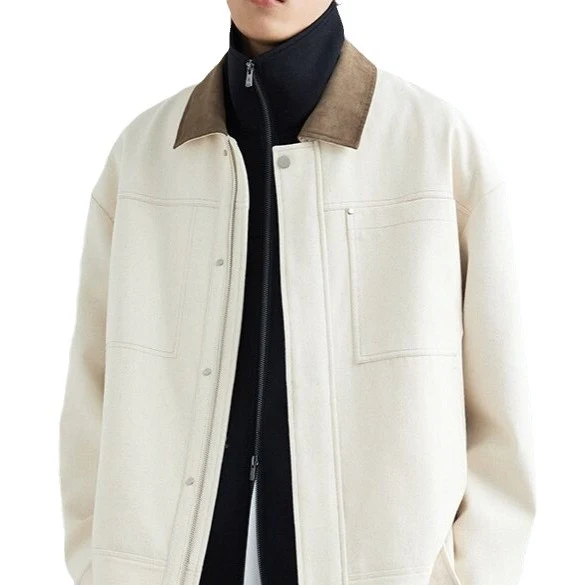 Herren Boxy-Zipjacke aus strukturiertem Baumwollmix mit Lederkragen und verdeckter Druckknopfblende Drune