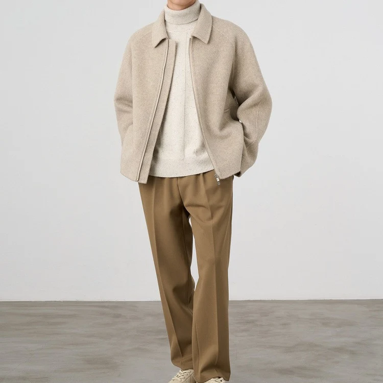 Herren Boxy‑Wollblouson mit verdecktem Zwei‑Wege‑Reißverschluss und Hemdkragen Drune