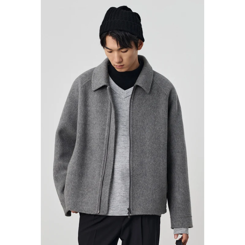 Herren Boxy‑Wollblouson mit verdecktem Zwei‑Wege‑Reißverschluss und Hemdkragen Drune