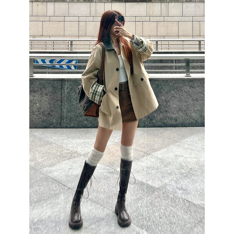 Damen Kurzjacke im Oversize-Boxy-Schnitt mit karierten Aufschlagmanschetten und Pattentaschen Drune