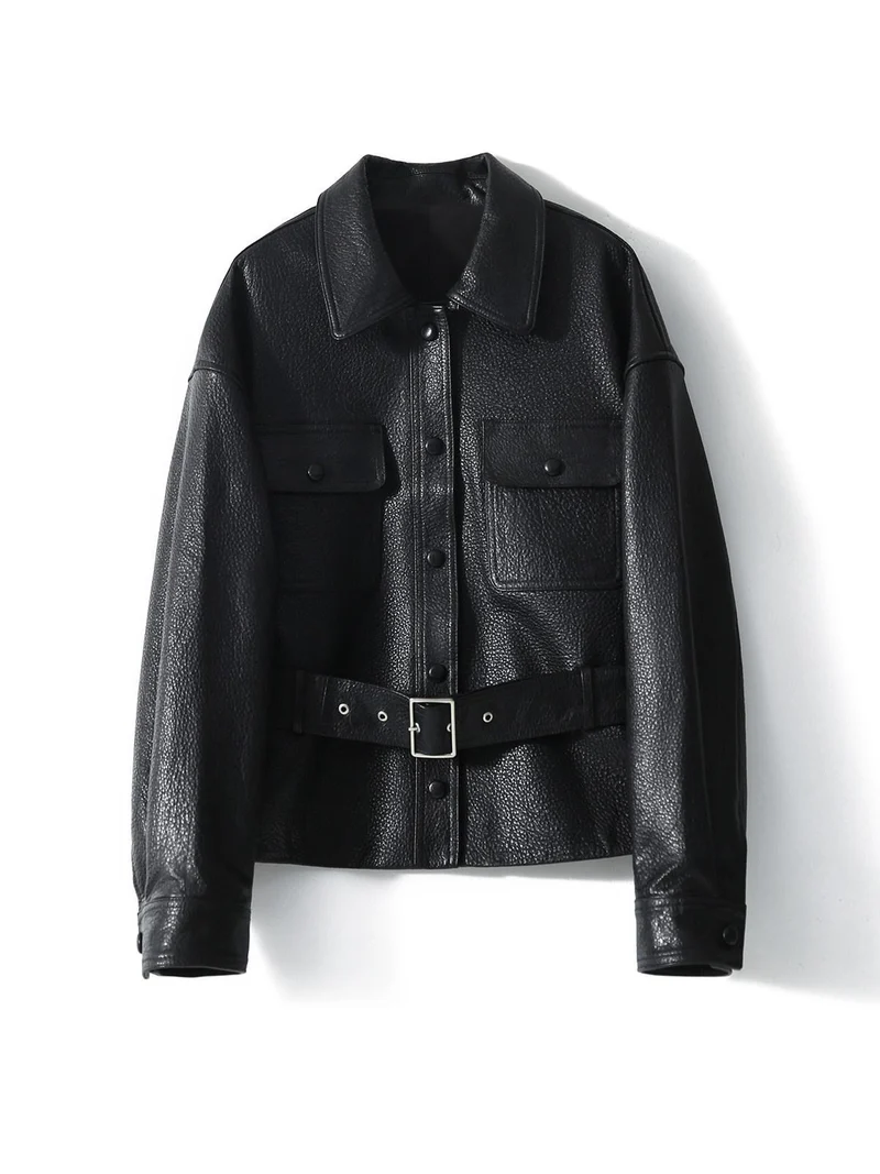 Damen Kurzjacke aus strukturiertem Leder mit Taillengürtel und Druckknöpfen Drune