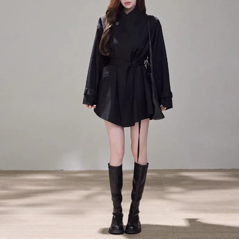 Damen Kurzes Wickelmantel-Kleid mit Taillengürtel und legerer A-Linie Drune