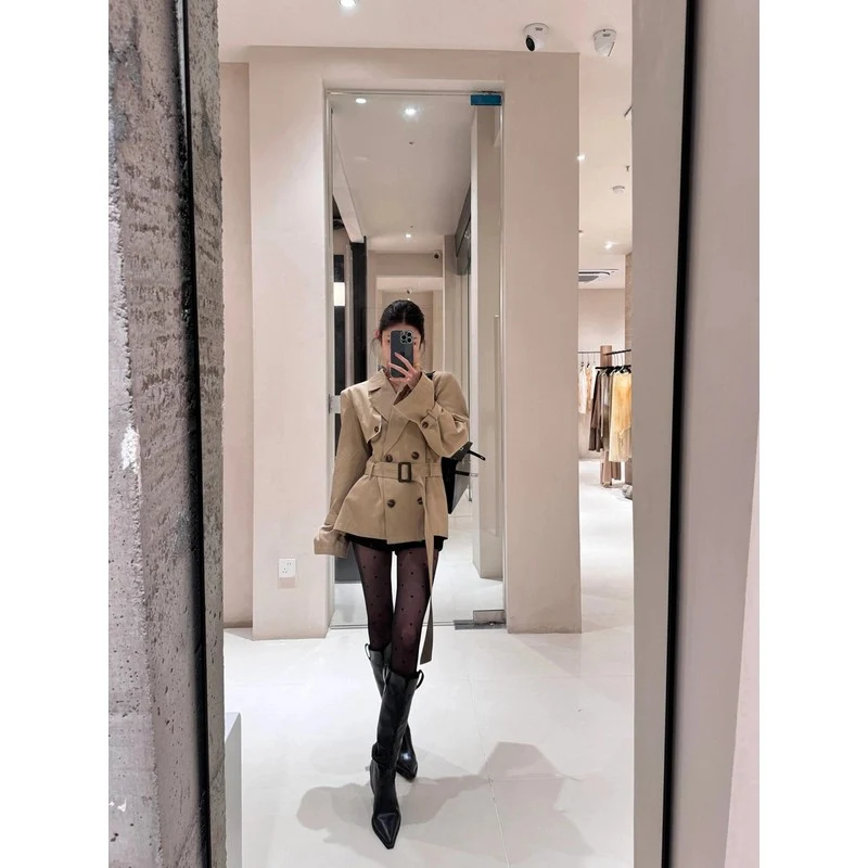 Damen Kurzer taillierter Trenchcoat-Blazer mit Doppelreihe und Taillengürtel Drune