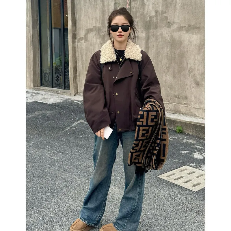 Damen Kurze Oversize-Boxy-Jacke mit Teddykragen und Druckknopfverschluss Drune