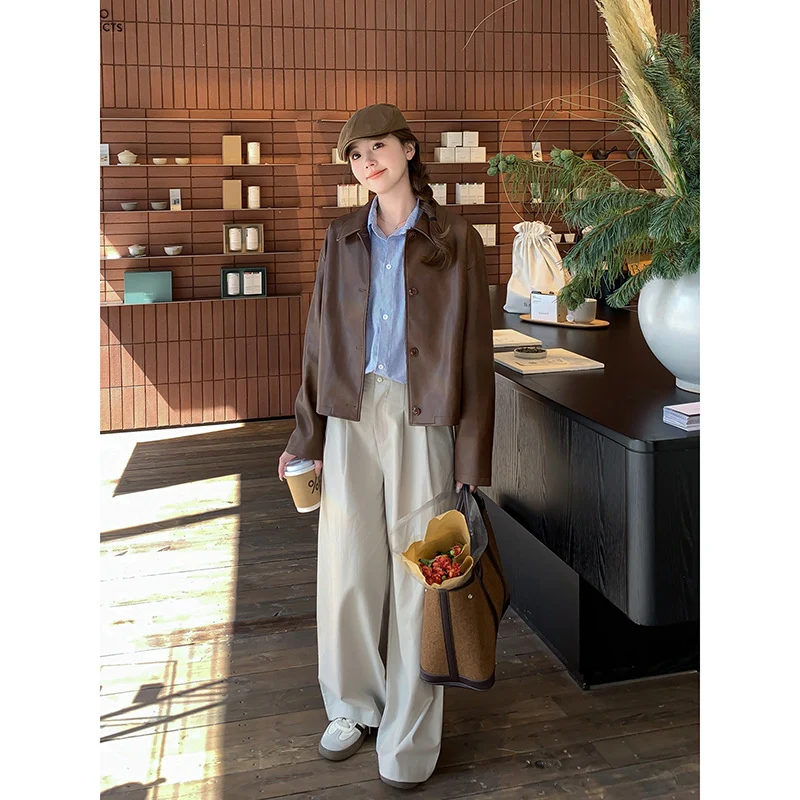Damen Kurze Boxy-Lederjacke mit Hemdkragen Drune